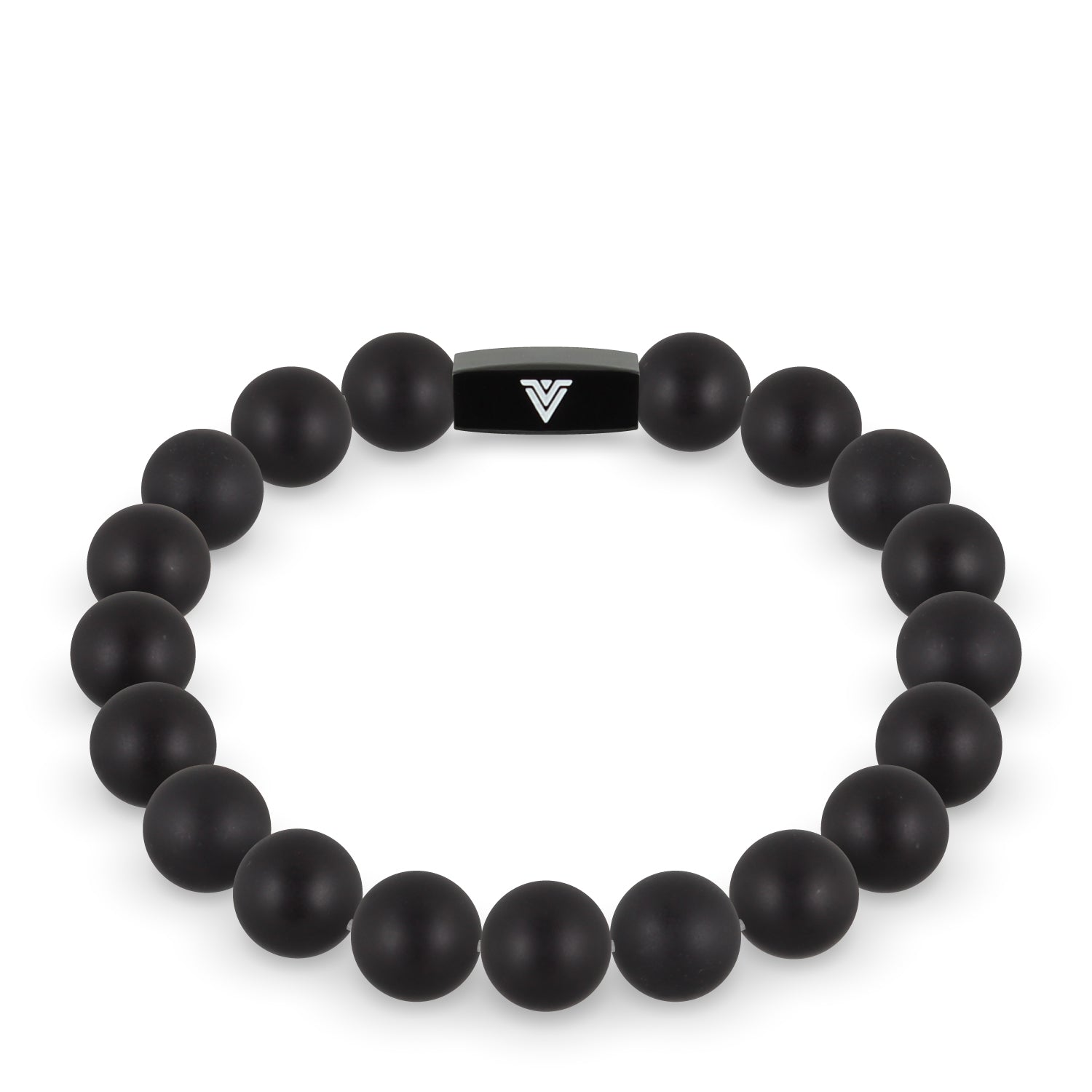 Front view of a 10mm Matte Onyx crystal beaded stretch bracelet with black stainless steel logo bead made by Voltlin