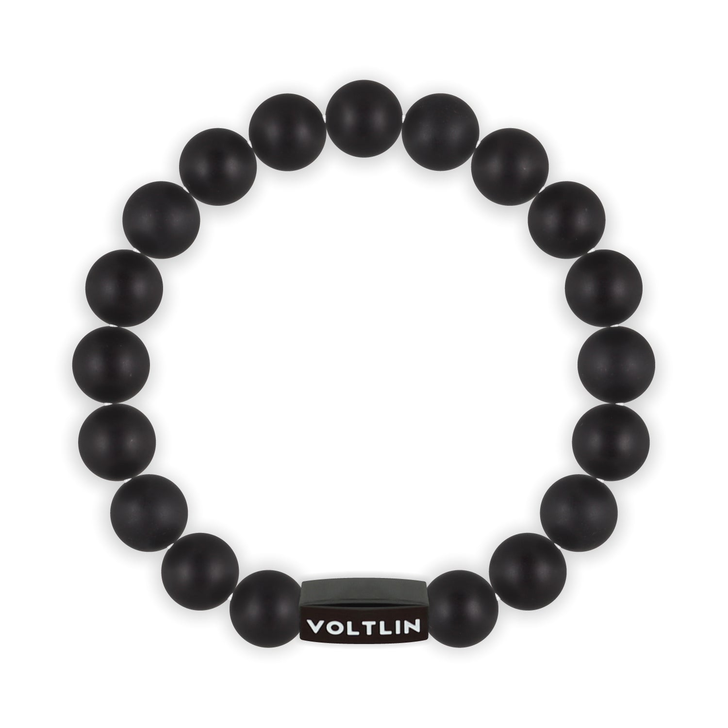 Top view of a 10mm Matte Onyx crystal beaded stretch bracelet with black stainless steel logo bead made by Voltlin