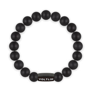 Top view of a 10mm Matte Onyx crystal beaded stretch bracelet with black stainless steel logo bead made by Voltlin