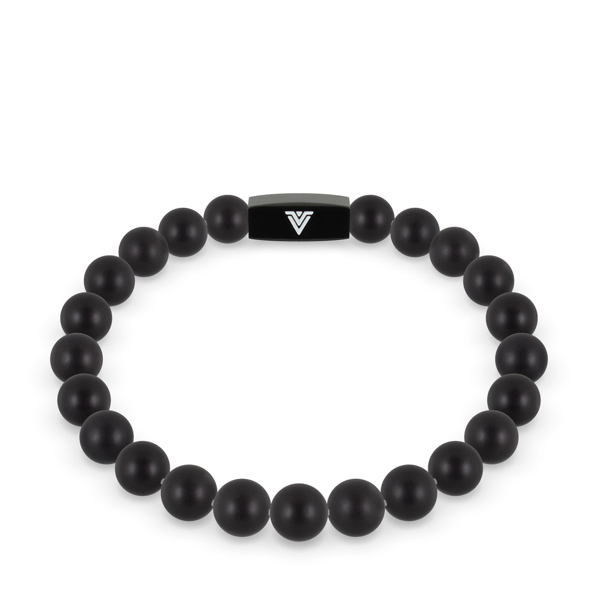 Front view of an 8mm Matte Onyx crystal beaded stretch bracelet with black stainless steel logo bead made by Voltlin