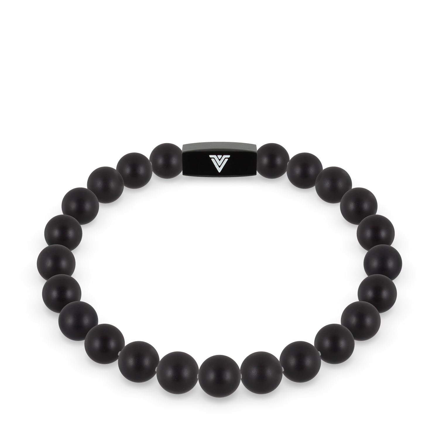 Front view of an 8mm Matte Onyx crystal beaded stretch bracelet with black stainless steel logo bead made by Voltlin