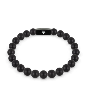 Front view of an 8mm Matte Onyx crystal beaded stretch bracelet with black stainless steel logo bead made by Voltlin