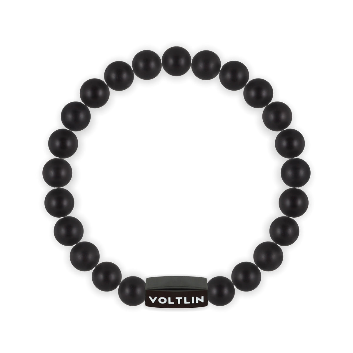 Top view of an 8mm Matte Onyx crystal beaded stretch bracelet with black stainless steel logo bead made by Voltlin