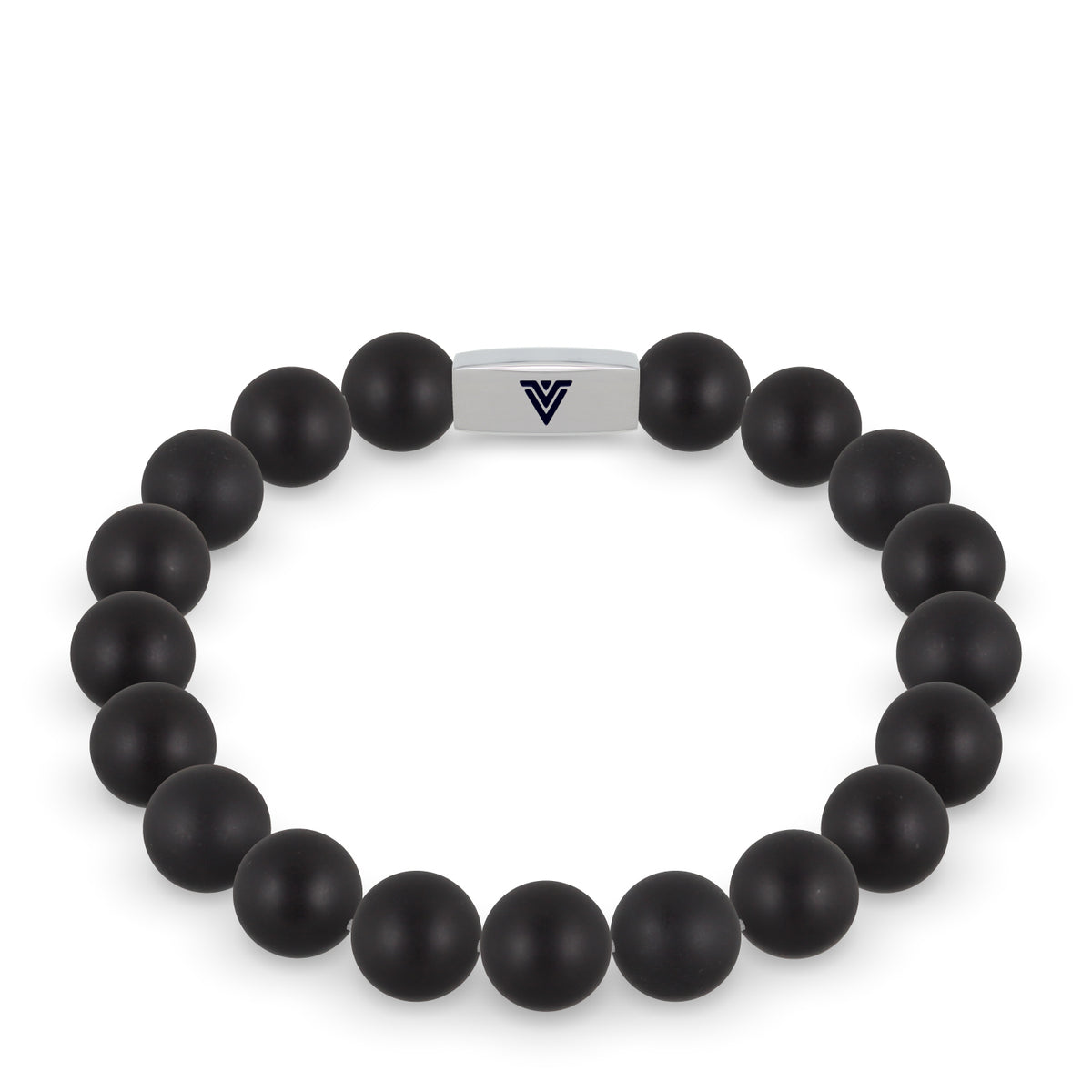 Front view of a 10mm Matte Onyx beaded stretch bracelet with silver stainless steel logo bead made by Voltlin
