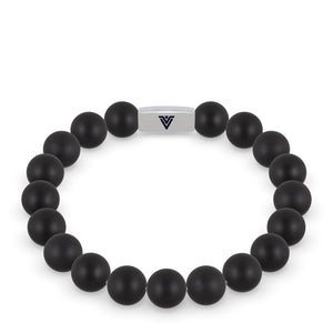 Front view of a 10mm Matte Onyx beaded stretch bracelet with silver stainless steel logo bead made by Voltlin