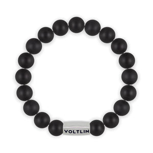 Top view of a 10mm Matte Onyx beaded stretch bracelet with silver stainless steel logo bead made by Voltlin