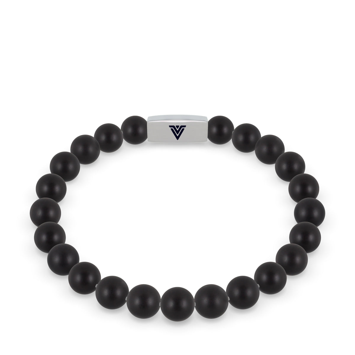 Front view of an 8mm Matte Onyx beaded stretch bracelet with silver stainless steel logo bead made by Voltlin