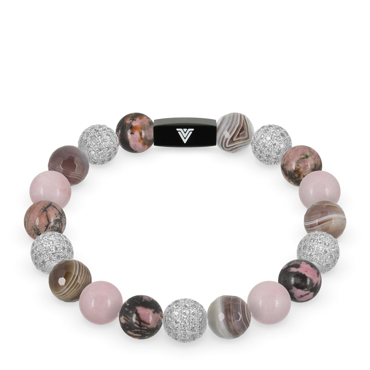 Front view of a 10 mm Mauve Sirius beaded stretch bracelet featuring Rhodonite, Silver Pave, Faceted Botswana Agate, & Rose Quartz crystal and black stainless steel logo bead made by Voltlin