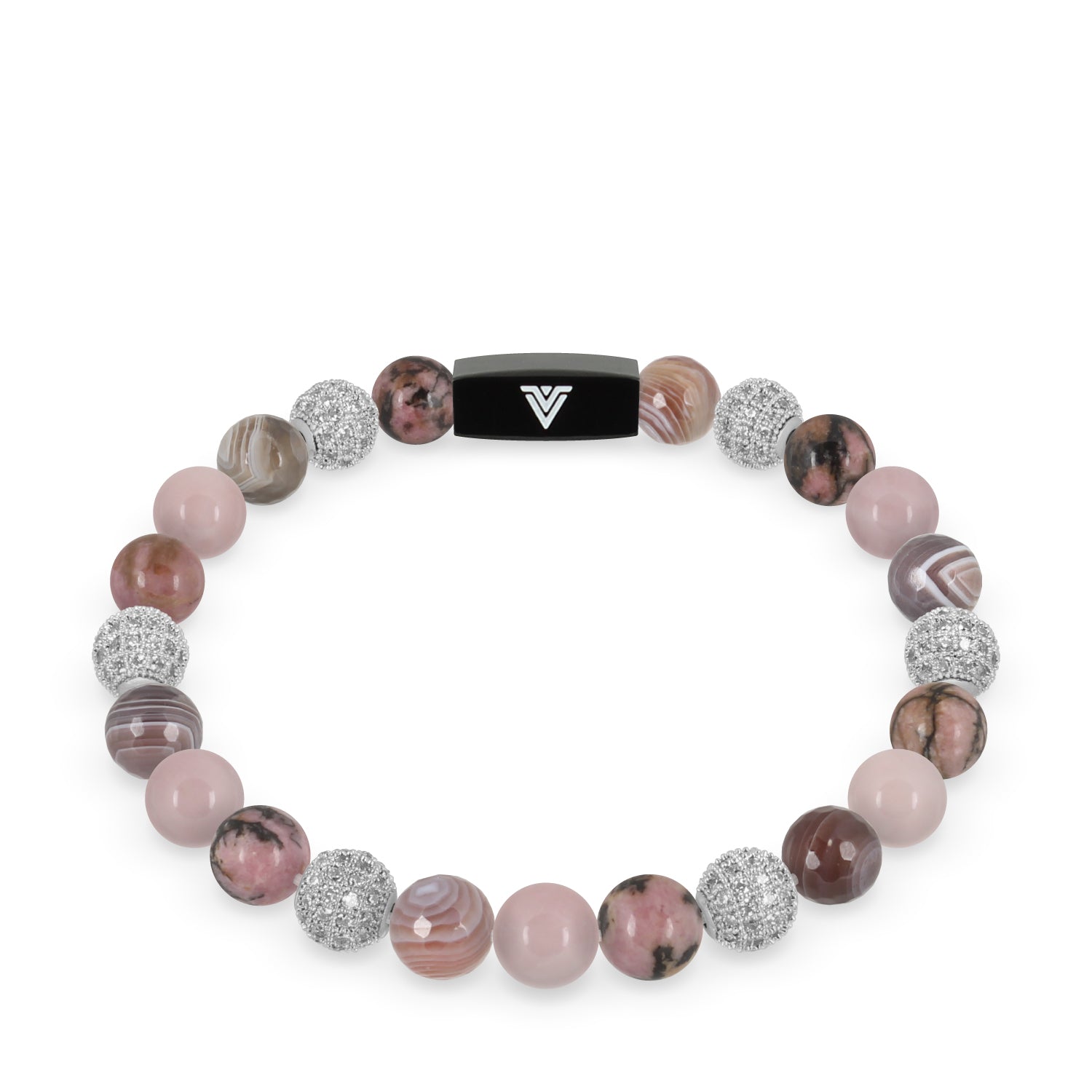 Front view of an 8mm Mauve Sirius beaded stretch bracelet featuring Rhodonite, Silver Pave, Faceted Botswana Agate, & Rose Quartz crystal and black stainless steel logo bead made by Voltlin