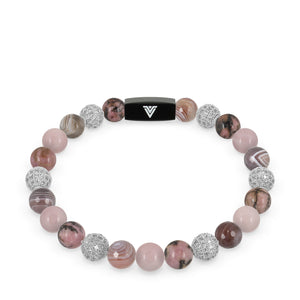 Front view of an 8mm Mauve Sirius beaded stretch bracelet featuring Rhodonite, Silver Pave, Faceted Botswana Agate, & Rose Quartz crystal and black stainless steel logo bead made by Voltlin