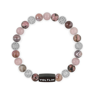  Top view of an 8 mm Mauve Sirius beaded stretch bracelet featuring Rhodonite, Silver Pave, Faceted Botswana Agate, & Rose Quartz crystal and black stainless steel logo bead made by Voltlin
