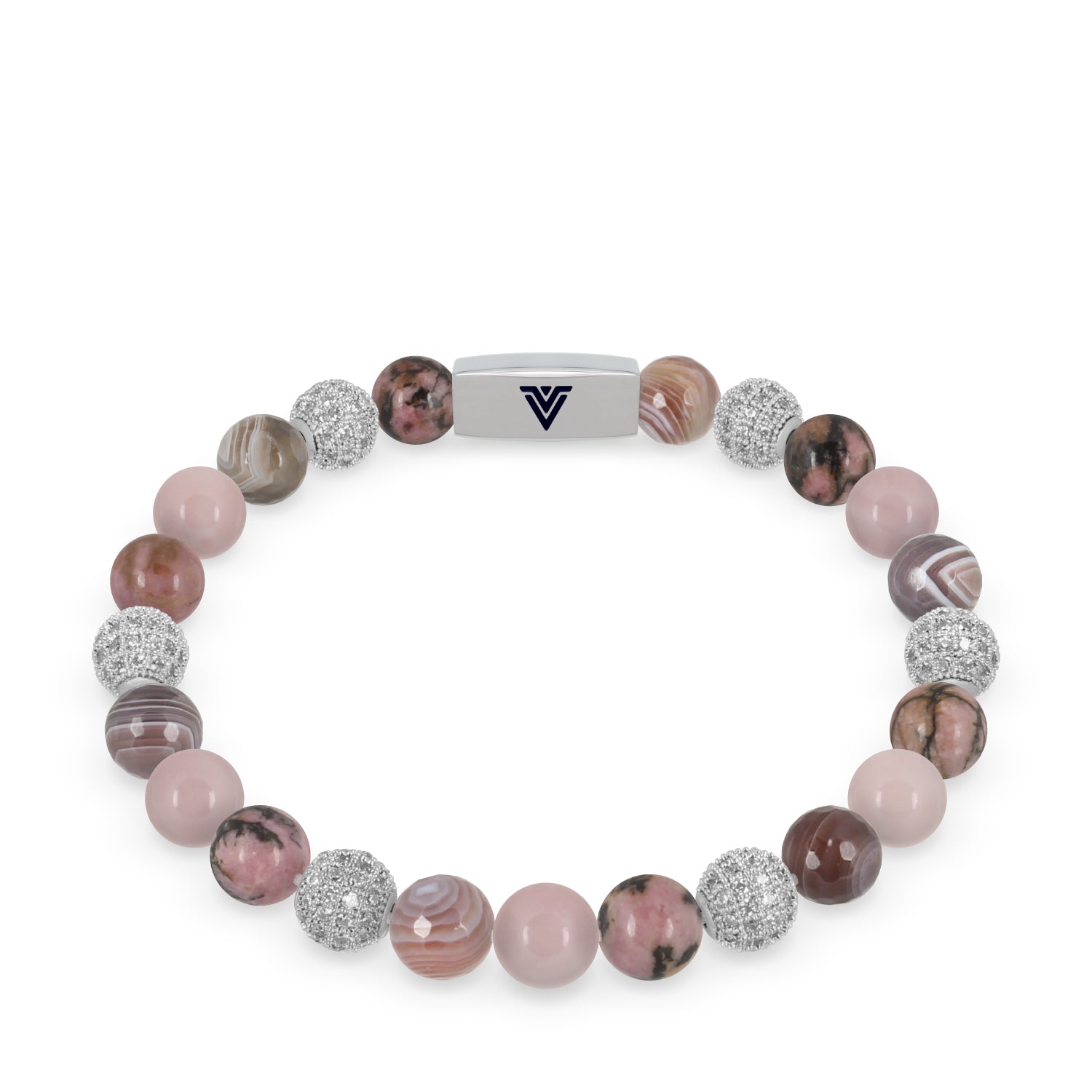 Front view of an 8mm Mauve Sirius beaded stretch bracelet featuring Rhodonite, Silver Pave, Faceted Botswana Agate, & Rose Quartz crystal and silver stainless steel logo bead made by Voltlin
