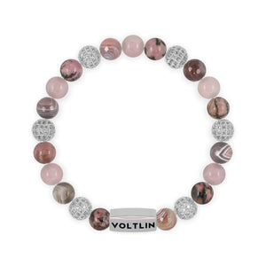 Top view of an 8mm Mauve Sirius beaded stretch bracelet featuring Rhodonite, Silver Pave, Faceted Botswana Agate, & Rose Quartz crystal and silver stainless steel logo bead made by Voltlin