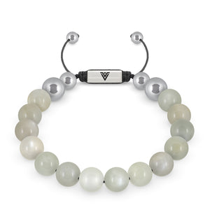 Front view of a 10mm Moonstone beaded shamballa bracelet with silver stainless steel logo bead made by Voltlin