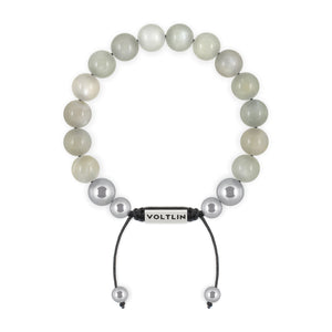 Top view of a 10mm Moonstone beaded shamballa bracelet with silver stainless steel logo bead made by Voltlin