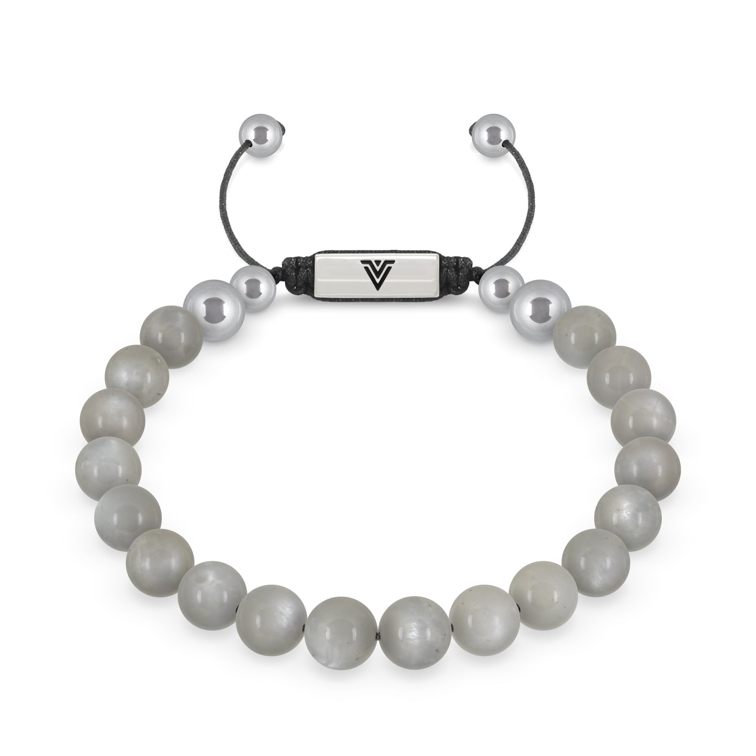 Front view of an 8mm Moonstone beaded shamballa bracelet with silver stainless steel logo bead made by Voltlin