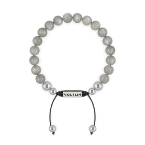 Top view of an 8mm Moonstone beaded shamballa bracelet with silver stainless steel logo bead made by Voltlin