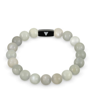 Front view of a 10mm Moonstone crystal beaded stretch bracelet with black stainless steel logo bead made by Voltlin