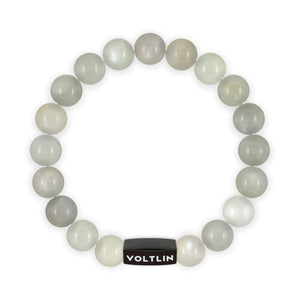 Top view of a 10mm Moonstone crystal beaded stretch bracelet with black stainless steel logo bead made by Voltlin