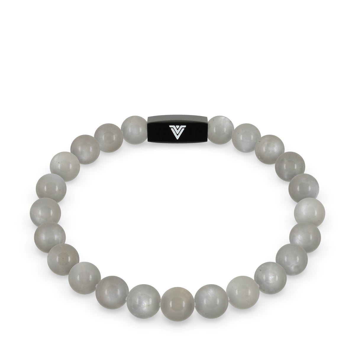Front view of an 8mm Moonstone crystal beaded stretch bracelet with black stainless steel logo bead made by Voltlin
