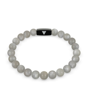 Front view of an 8mm Moonstone crystal beaded stretch bracelet with black stainless steel logo bead made by Voltlin