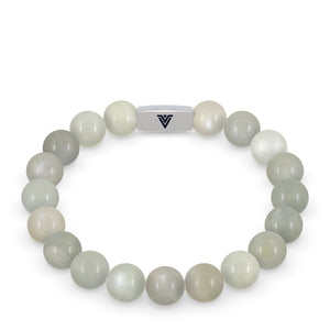 Front view of a 10mm Moonstone beaded stretch bracelet with silver stainless steel logo bead made by Voltlin