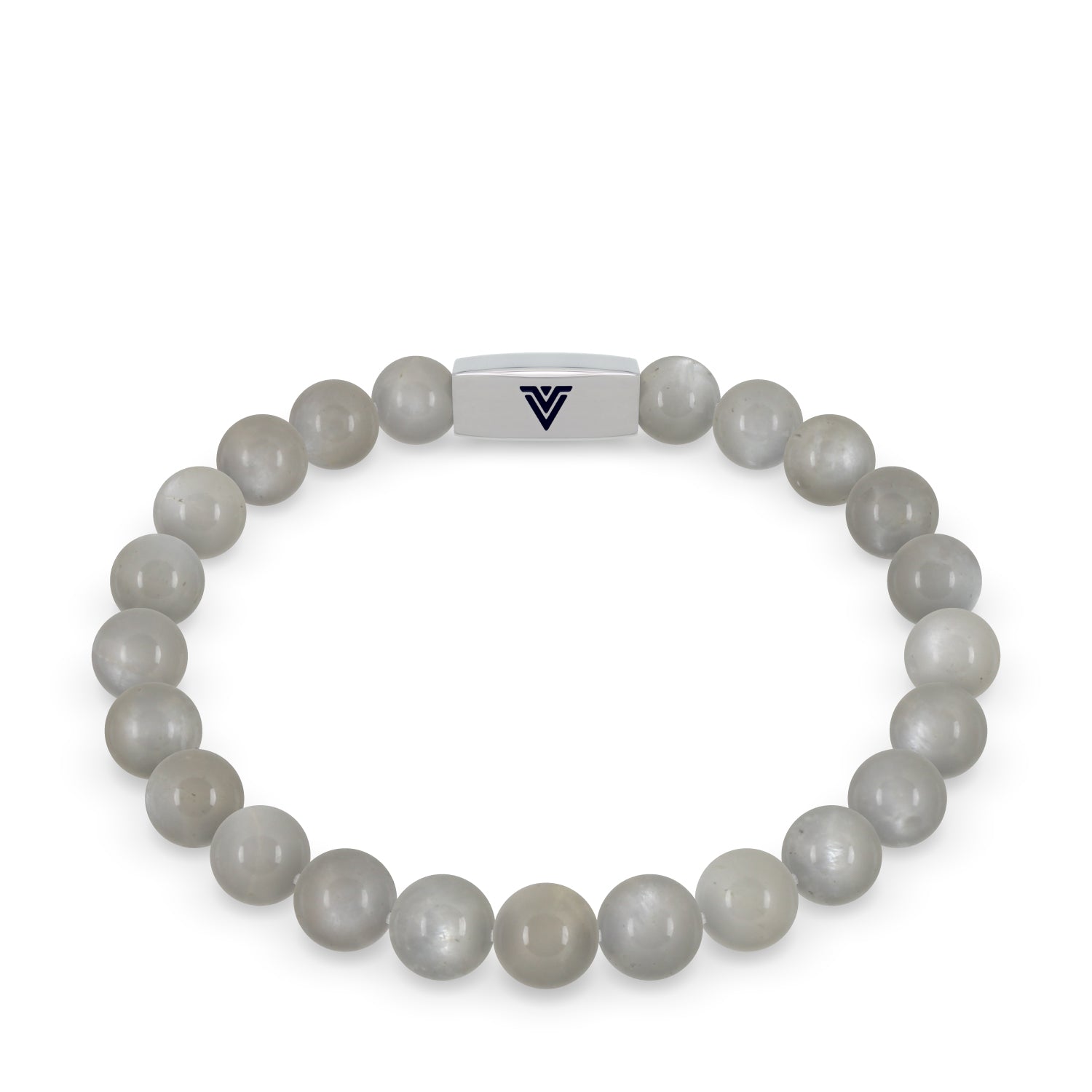Front view of an 8mm Moonstone beaded stretch bracelet with silver stainless steel logo bead made by Voltlin