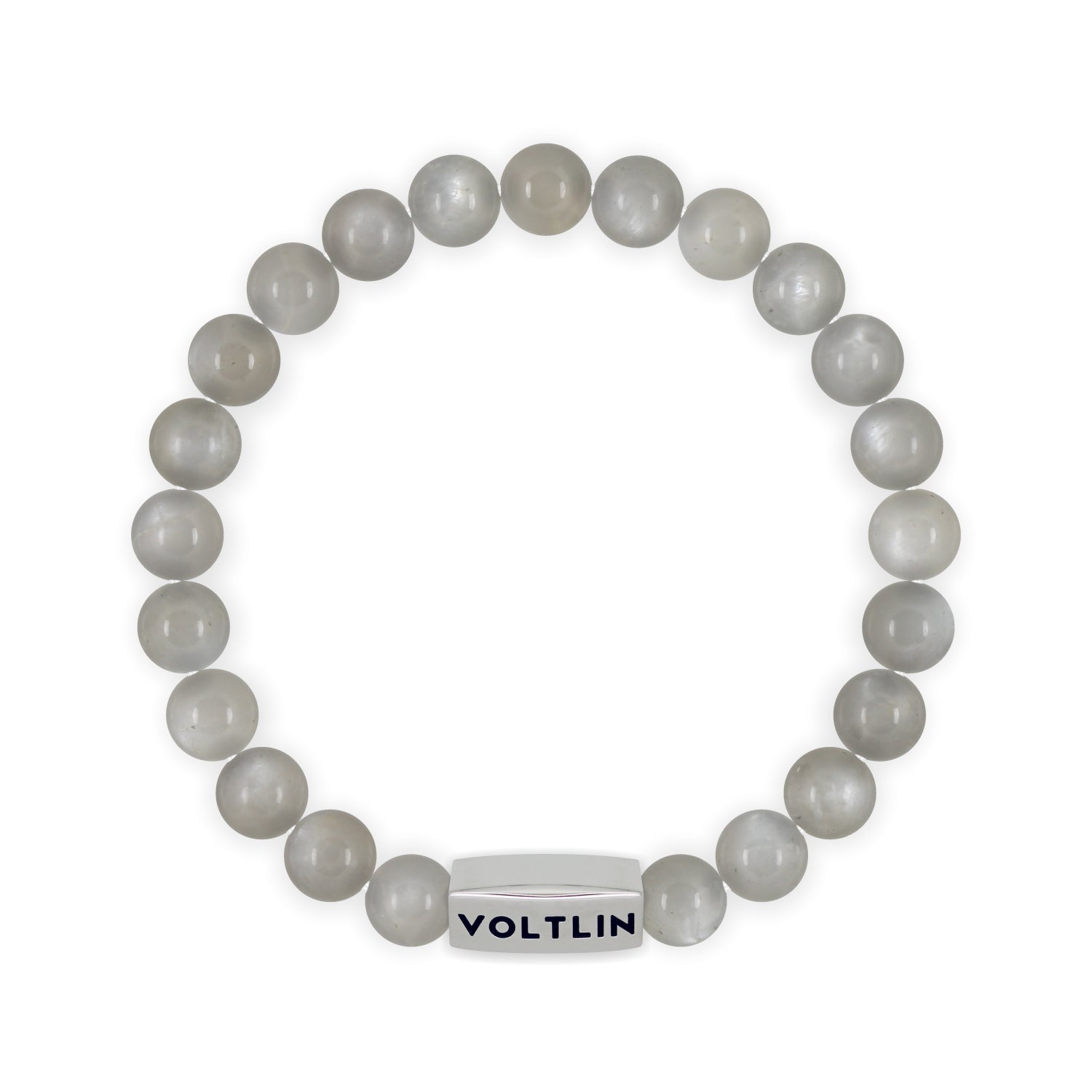Front view of an 8mm Moonstone beaded stretch bracelet with silver stainless steel logo bead made by Voltlin