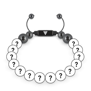Front view of a 10mm Mystery crystal beaded shamballa bracelet with black stainless steel logo bead made by Voltlin