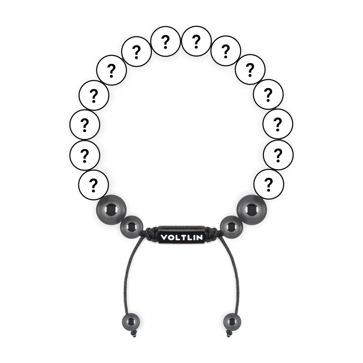 Top view of a 10mm Mystery crystal beaded shamballa bracelet with black stainless steel logo bead made by Voltlin