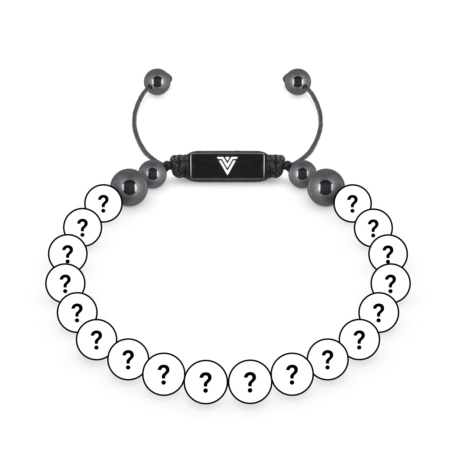 Front view of an 8mm Mystery crystal beaded shamballa bracelet with black stainless steel logo bead made by Voltlin