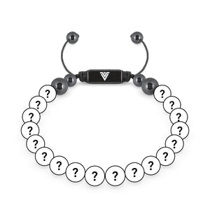 Front view of an 8mm Mystery crystal beaded shamballa bracelet with black stainless steel logo bead made by Voltlin