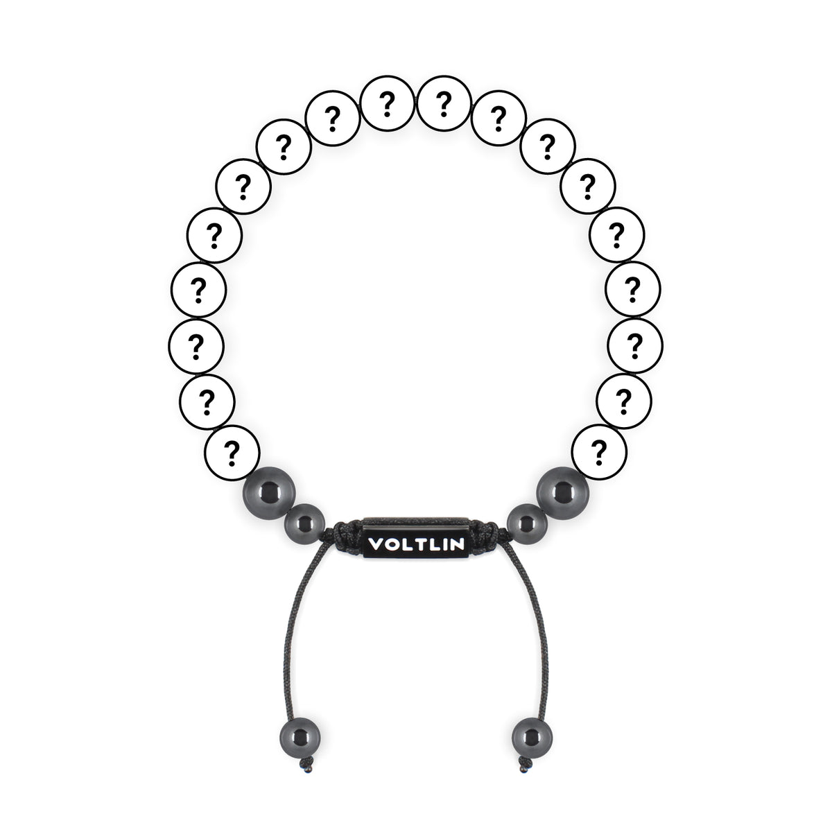 Top view of an 8mm Mystery crystal beaded shamballa bracelet with black stainless steel logo bead made by Voltlin