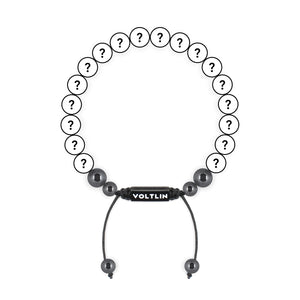 Top view of an 8mm Mystery crystal beaded shamballa bracelet with black stainless steel logo bead made by Voltlin
