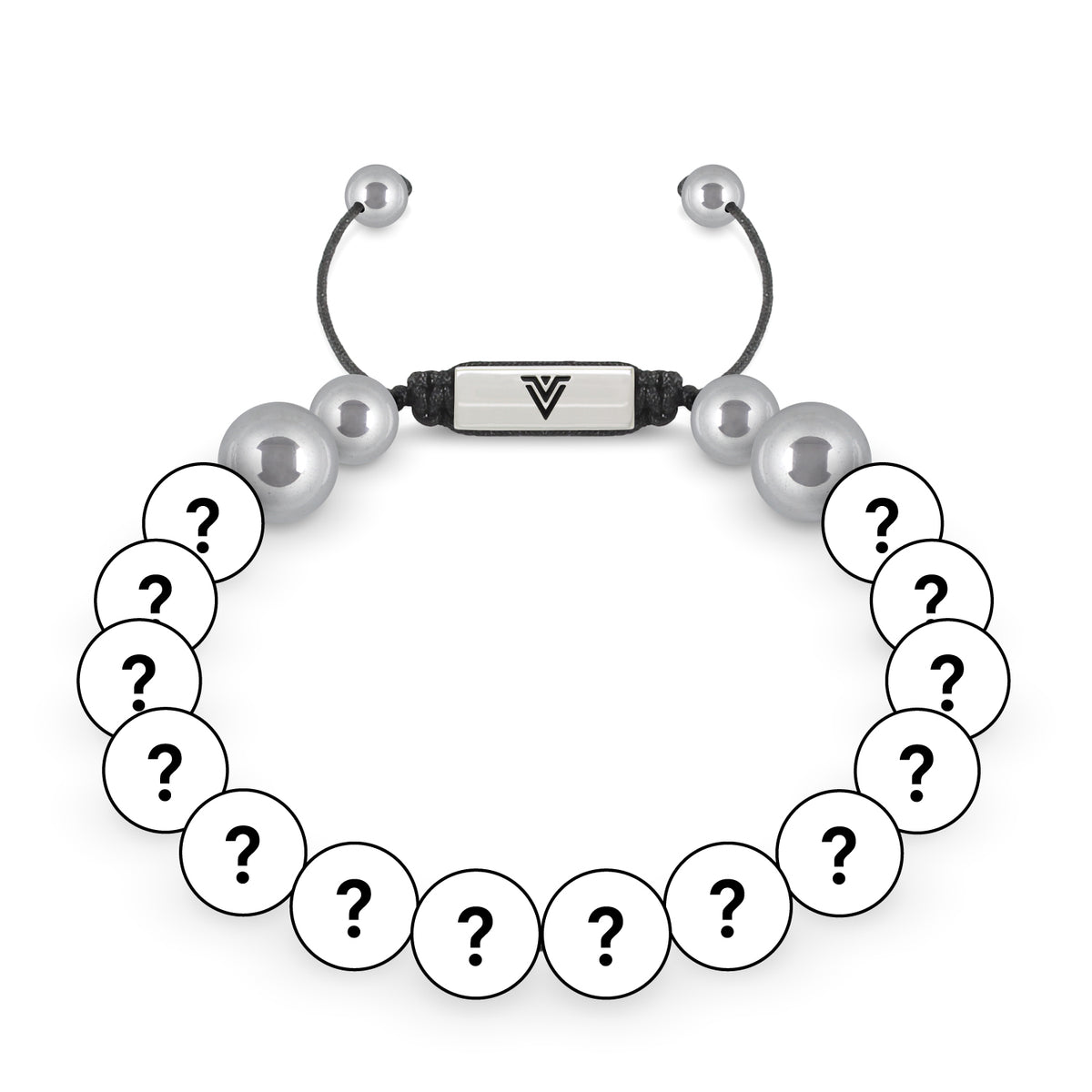 Front view of a 10mm Mystery beaded shamballa bracelet with silver stainless steel logo bead made by Voltlin