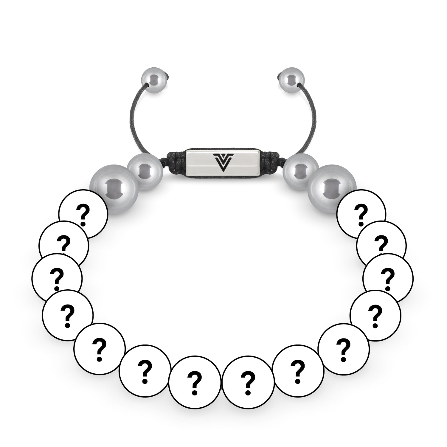 Front view of a 10mm Mystery beaded shamballa bracelet with silver stainless steel logo bead made by Voltlin