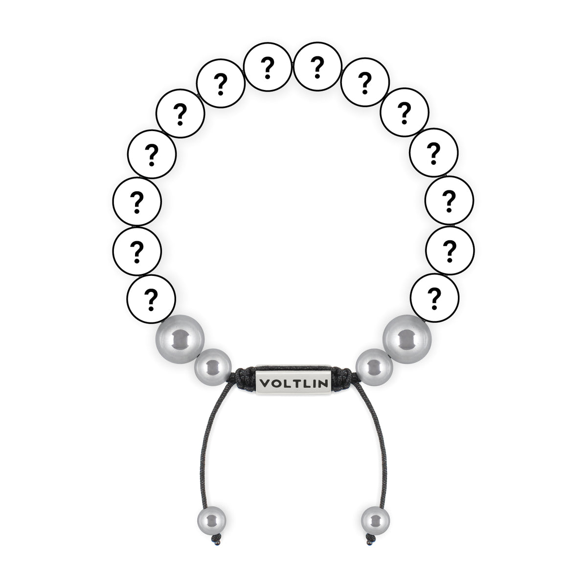 Top view of a 10mm Mystery beaded shamballa bracelet with silver stainless steel logo bead made by Voltlin