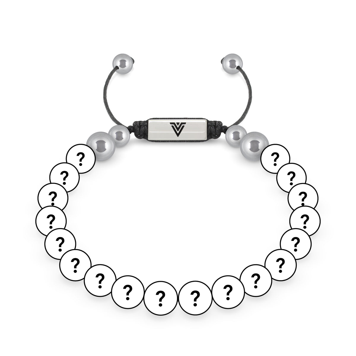 Front view of an 8mm Mystery beaded shamballa bracelet with silver stainless steel logo bead made by Voltlin