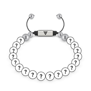 Front view of an 8mm Mystery beaded shamballa bracelet with silver stainless steel logo bead made by Voltlin