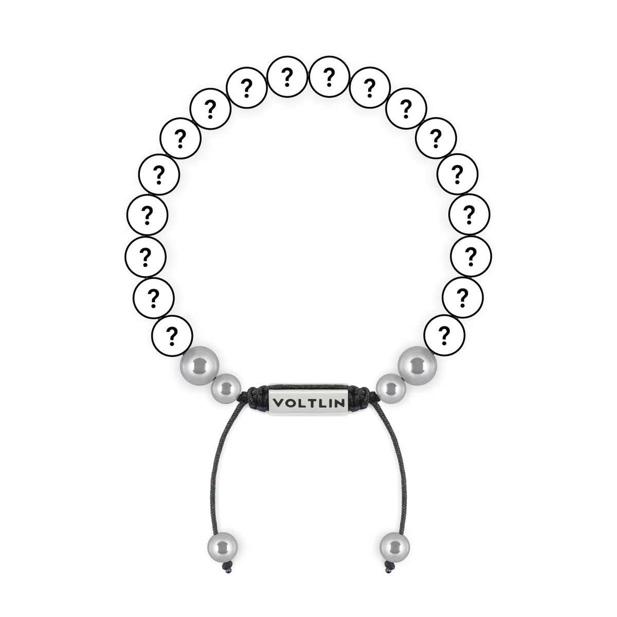 Top view of an 8mm Mystery beaded shamballa bracelet with silver stainless steel logo bead made by Voltlin