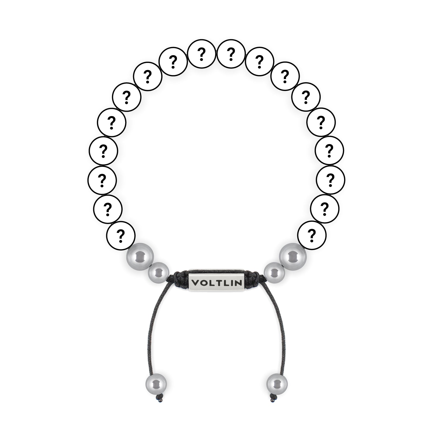 Top view of an 8mm Mystery beaded shamballa bracelet with silver stainless steel logo bead made by Voltlin