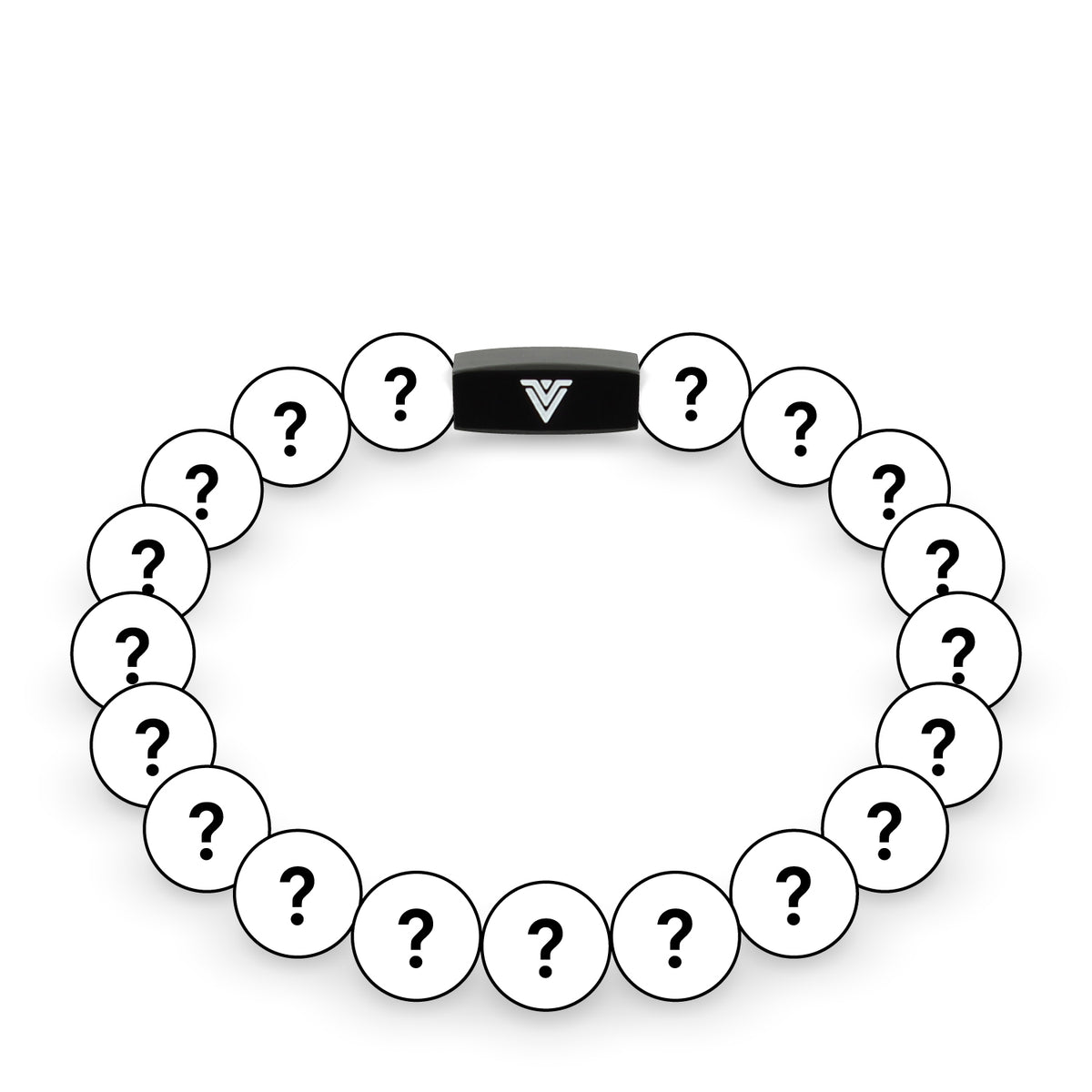 Front view of a 10mm Mystery crystal beaded stretch bracelet with black stainless steel logo bead made by Voltlin