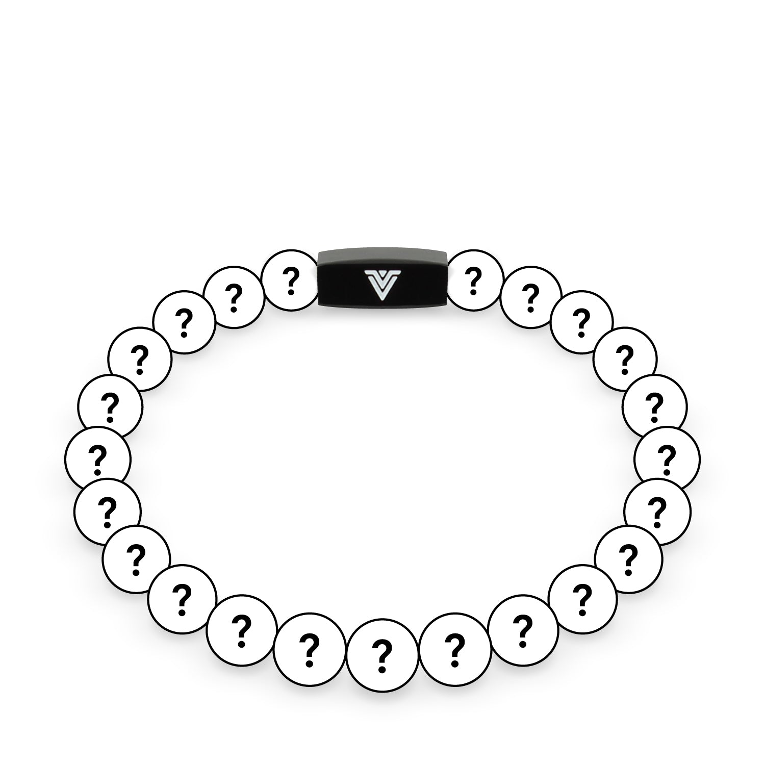 Front view of an 8mm Mystery crystal beaded stretch bracelet with black stainless steel logo bead made by Voltlin