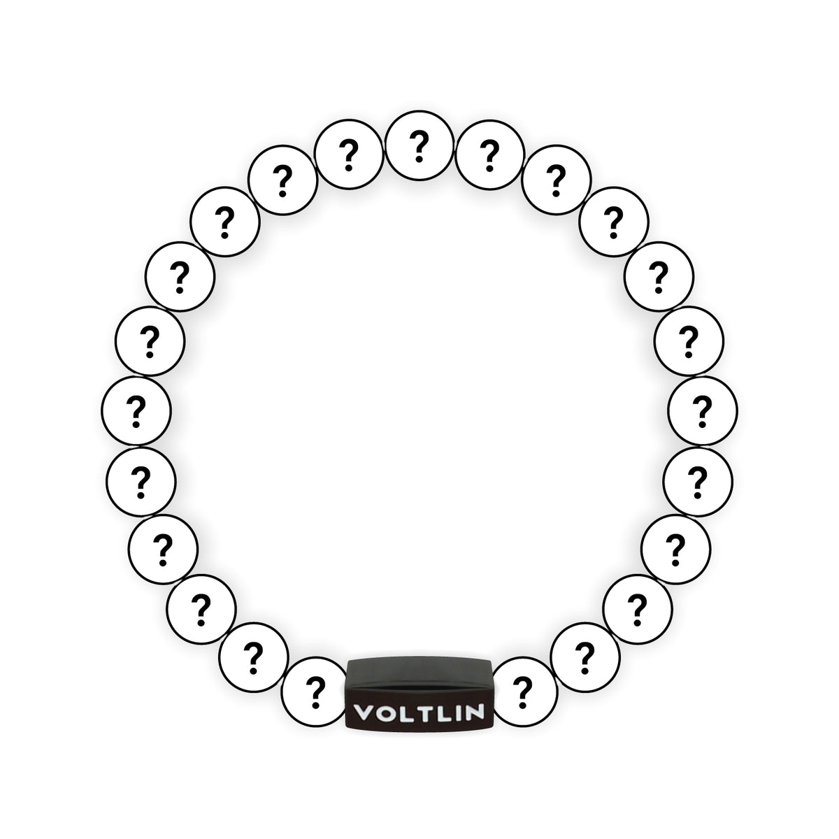 Top view of an 8mm Mystery crystal beaded stretch bracelet with black stainless steel logo bead made by Voltlin