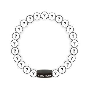 Top view of an 8mm Mystery crystal beaded stretch bracelet with black stainless steel logo bead made by Voltlin