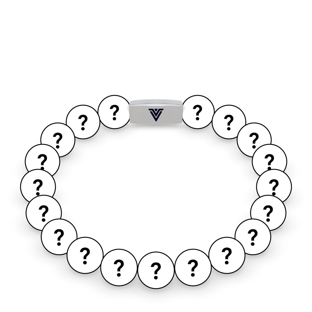 Front view of a 10mm Mystery beaded stretch bracelet with silver stainless steel logo bead made by Voltlin