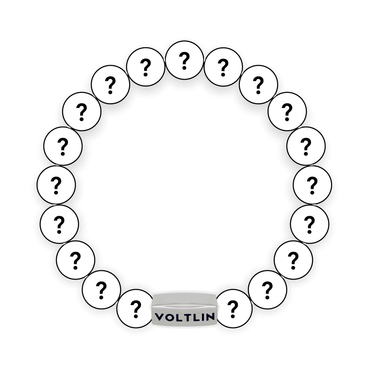 Top view of a 10mm Mystery beaded stretch bracelet with silver stainless steel logo bead made by Voltlin