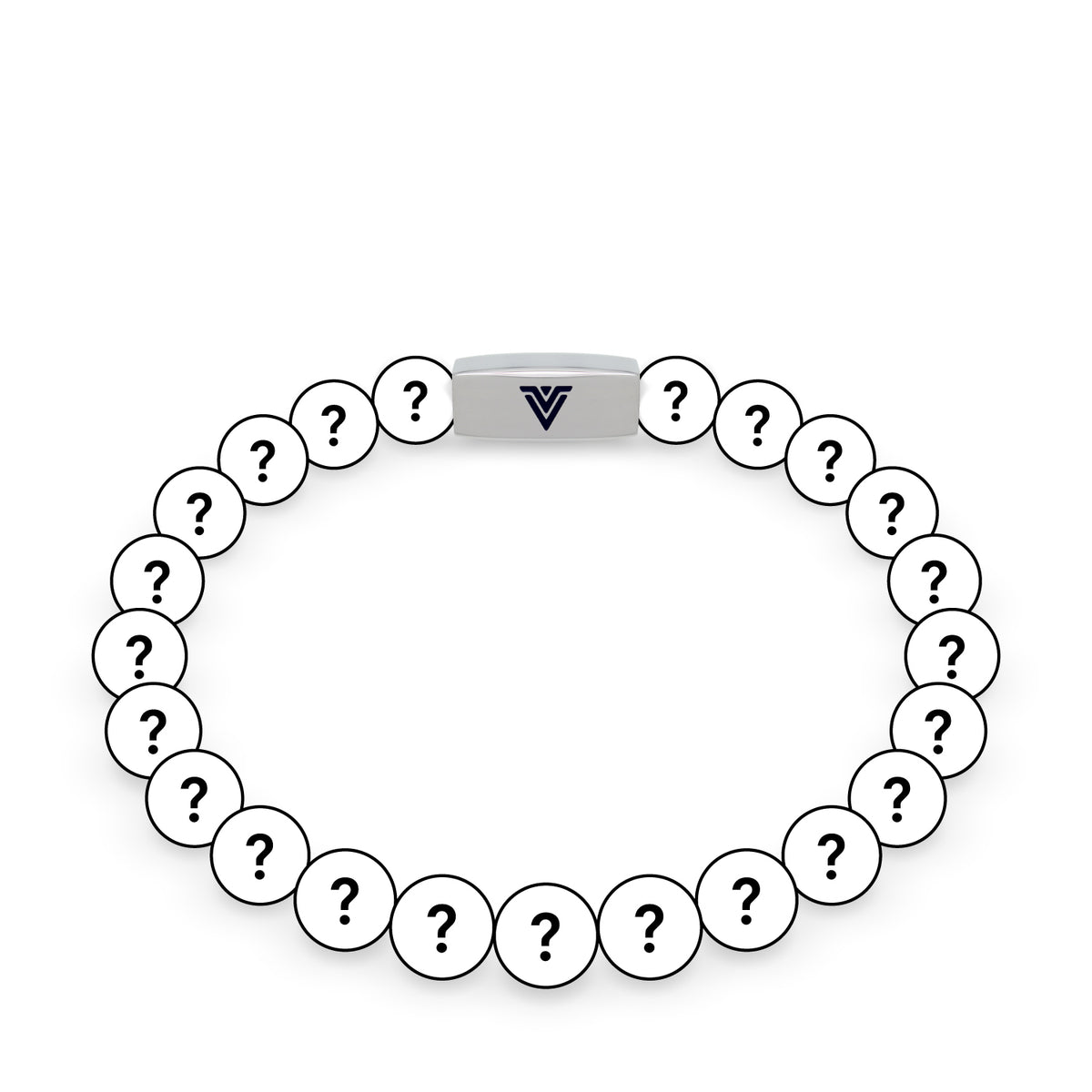 Front view of an 8mm Mystery beaded stretch bracelet with silver stainless steel logo bead made by Voltlin