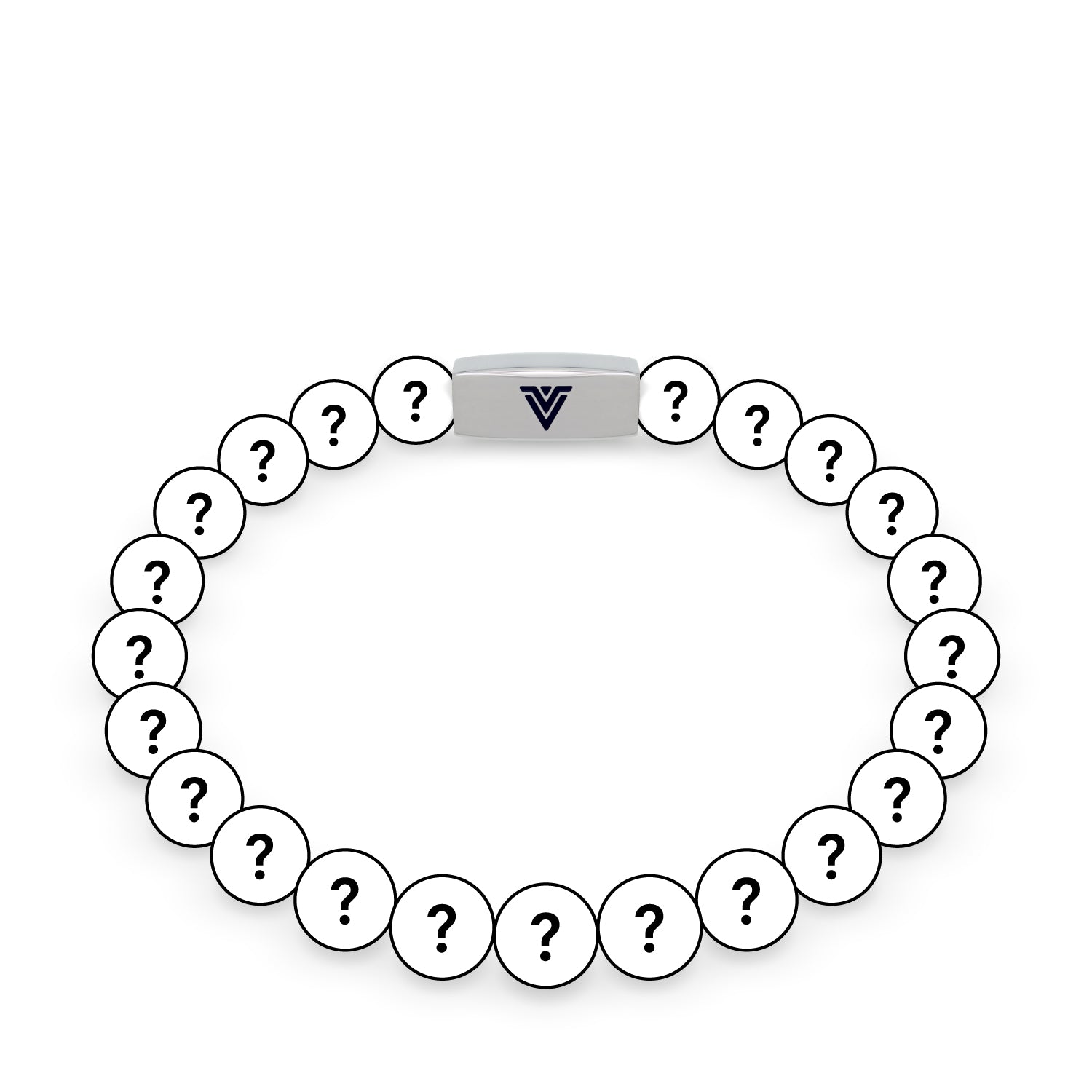 Front view of an 8mm Mystery beaded stretch bracelet with silver stainless steel logo bead made by Voltlin