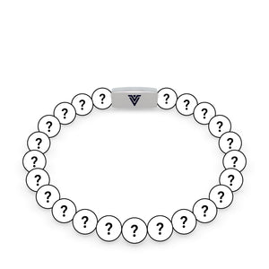 Front view of an 8mm Mystery beaded stretch bracelet with silver stainless steel logo bead made by Voltlin